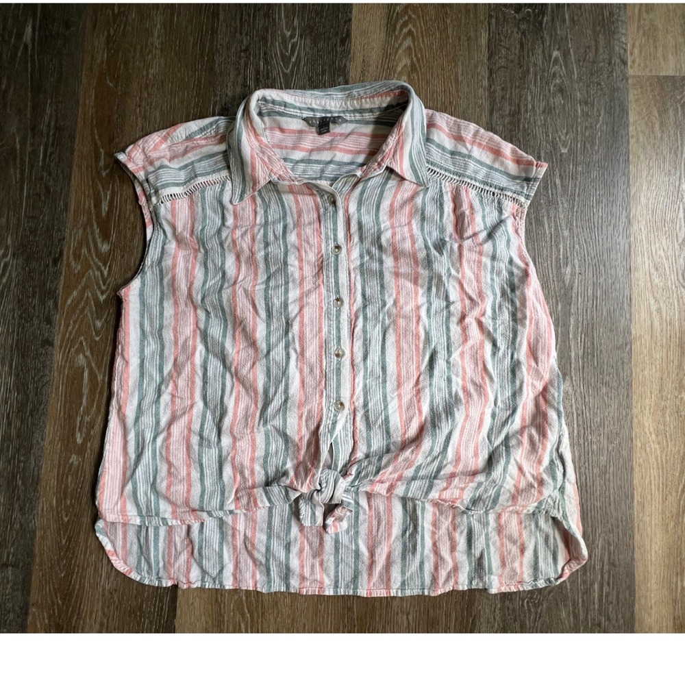 Sharagano Button Down Top Womens L Pink Green Striped Tie Front Sleeveless Shirt